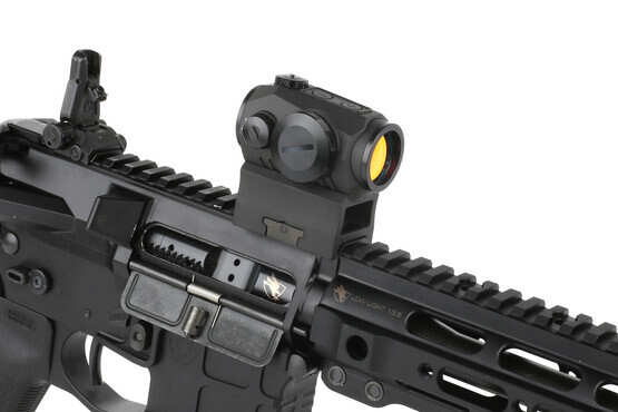 The Sig Sauer Romeo5 red dot co-witnessed with iron sights